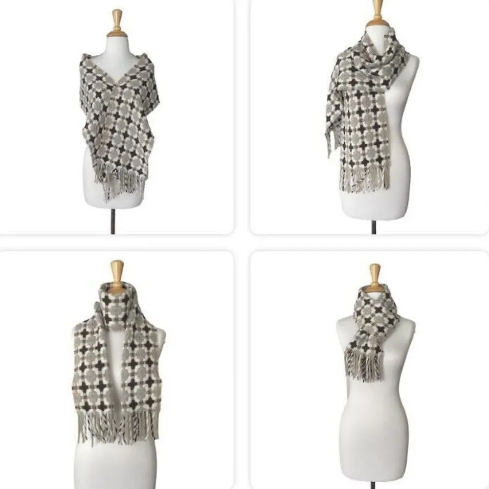 Women's Scarf Shawl Wrap 30% Wool Made in Italy Woven Brown Grey Fringe 68 x 10
